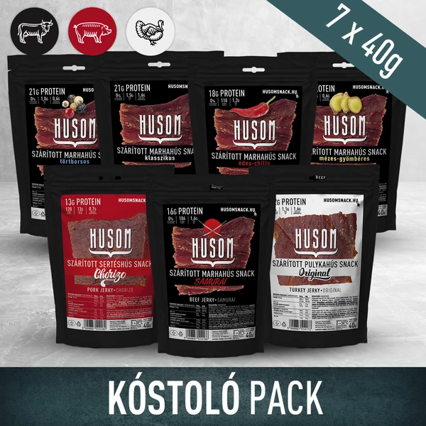 HUSOM szárított hús snack (jerky) kóstoló pack 7x40g