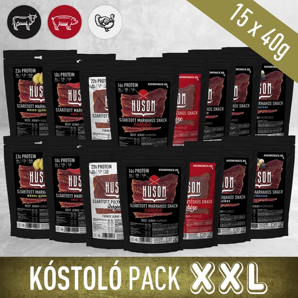 HUSOM szárított hús snack (jerky) XXL kóstoló pack 15x40g
