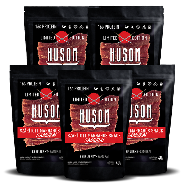 HUSOM SAMURAI LIMITÁLT KIADÁSÚ szárított marhahús snack (beef jerky csomag, 5x40g)