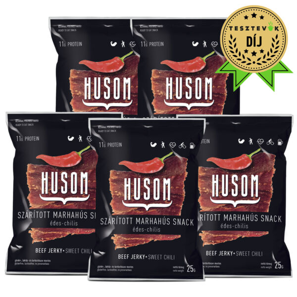 HUSOM ÉDES-CHILIS szárított marhahús snack (beef jerky csomag, 5x25g)