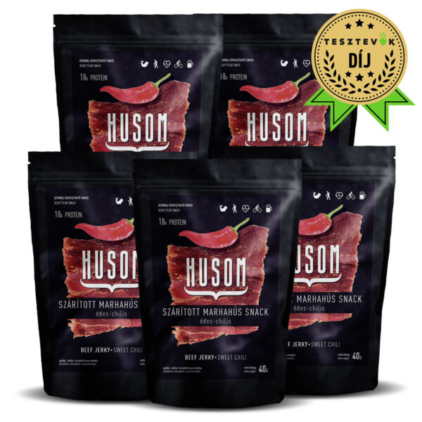 HUSOM ÉDES-CHILIS szárított marhahús snack (beef jerky csomag, 5x40g)